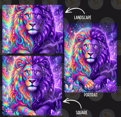 The image is a collage of three pictures depicting a colorful, fantastical lion with a rainbow-colored mane and tail. The lion is surrounded by a vibrant, magical landscape with flowers, plants, and stars. The collage is labeled as a "Landscape" and a "Portrait" with a " SQUARE" caption, indicating that it is a square-shaped image.