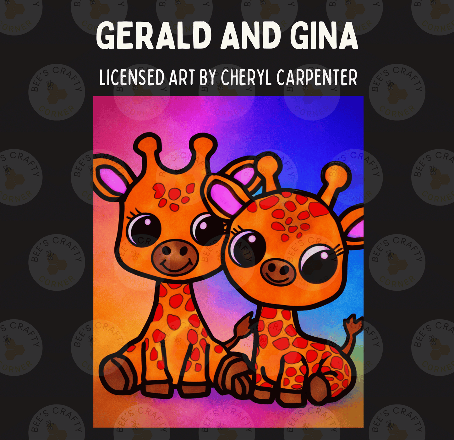 The image is a colorful illustration of two cartoon giraffes, one larger and one smaller, sitting together against a vibrant background.