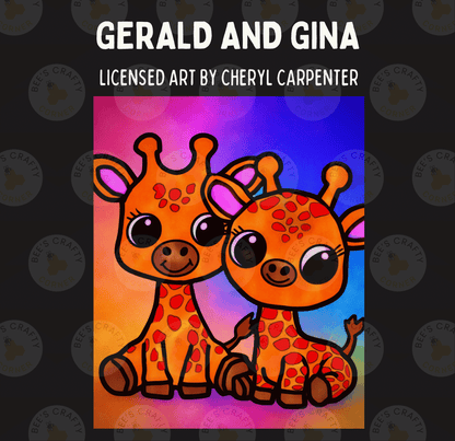 The image is a colorful illustration of two cartoon giraffes, one larger and one smaller, sitting together against a vibrant background.