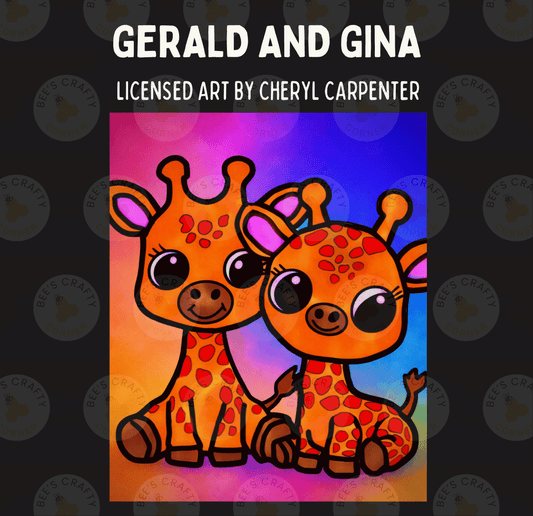The image is a colorful illustration of two cartoon giraffes, one larger and one smaller, sitting together against a vibrant background.