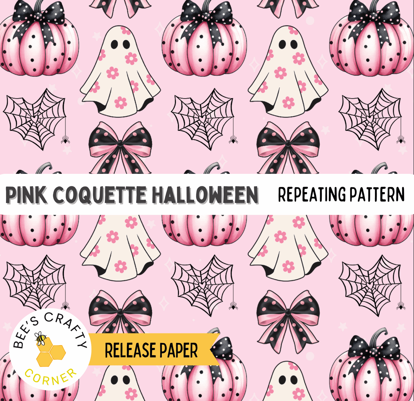 The image is a repeating pattern of Halloween-themed elements, including pink pumpkins, black and white ghost, black and white bows, and spiderwebs, all set against a pink background.