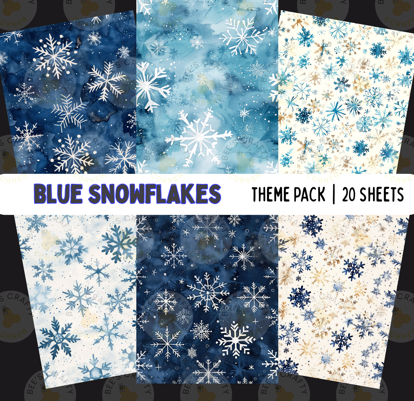 six different snowflake designs, each with a unique pattern and color scheme. The snowflakes are arranged in a grid-like pattern, creating a visually appealing and cohesive display.