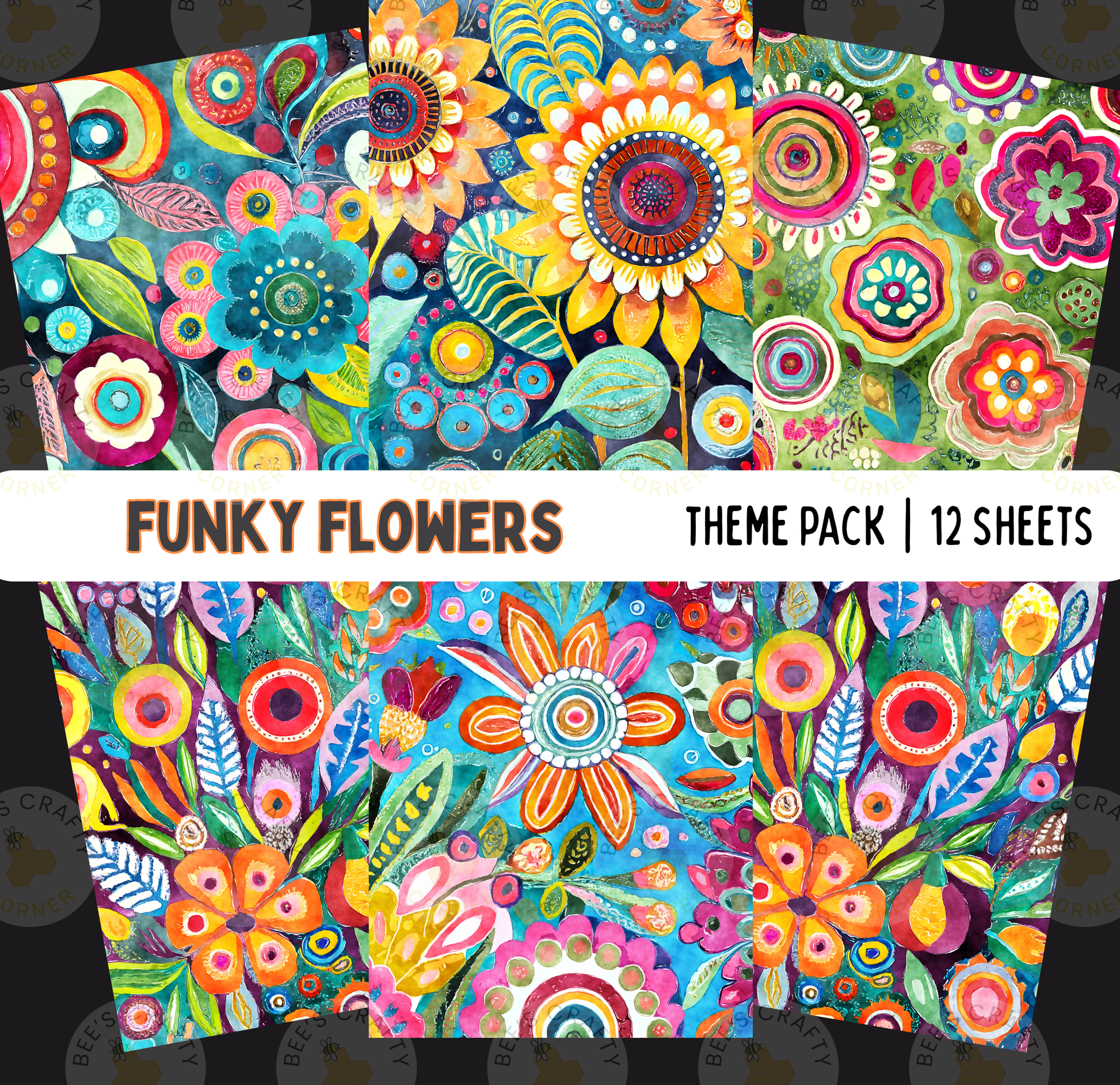 The image is a vibrant and colorful collage of various flowers and patterns, including sunflowers, daisies, and other blooms in a variety of bright and bold colors.