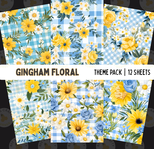 The image is a collage of 12 different floral patterns, each featuring a variety of flowers and leaves in shades of yellow, blue, and white. The patterns are arranged in a grid-like layout, creating a visually appealing and harmonious composition.