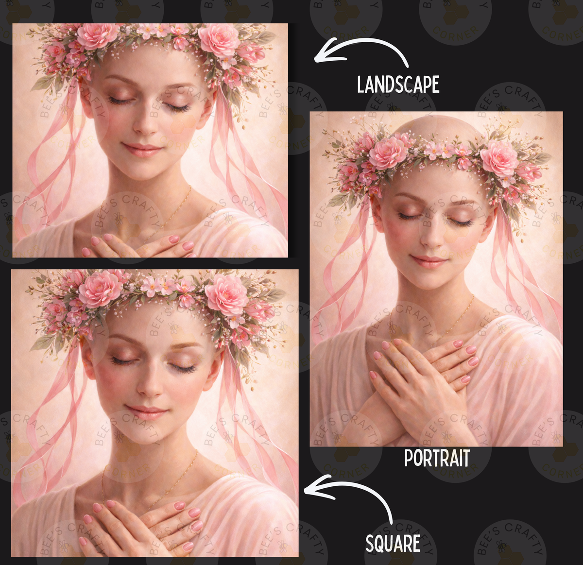 The image is a collage of three pictures depicting a woman with a floral headpiece. The first picture shows the woman with her eyes closed, the second picture shows the woman with her eyes open, and the third picture shows the woman with her hands clasped. The image is labeled as a landscape, portrait, and square, and the text "LANDSCAPE" is present in the top right corner.