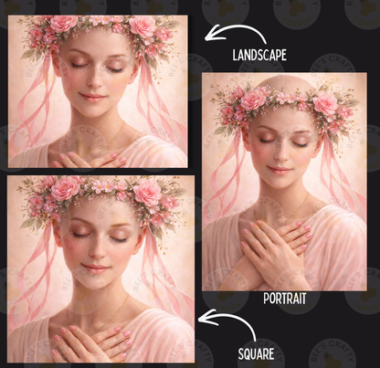 The image is a collage of three pictures depicting a woman with a floral headpiece. The first picture shows the woman with her eyes closed, the second picture shows the woman with her eyes open, and the third picture shows the woman with her hands clasped. The image is labeled as a landscape, portrait, and square, and the text "LANDSCAPE" is present in the top right corner.