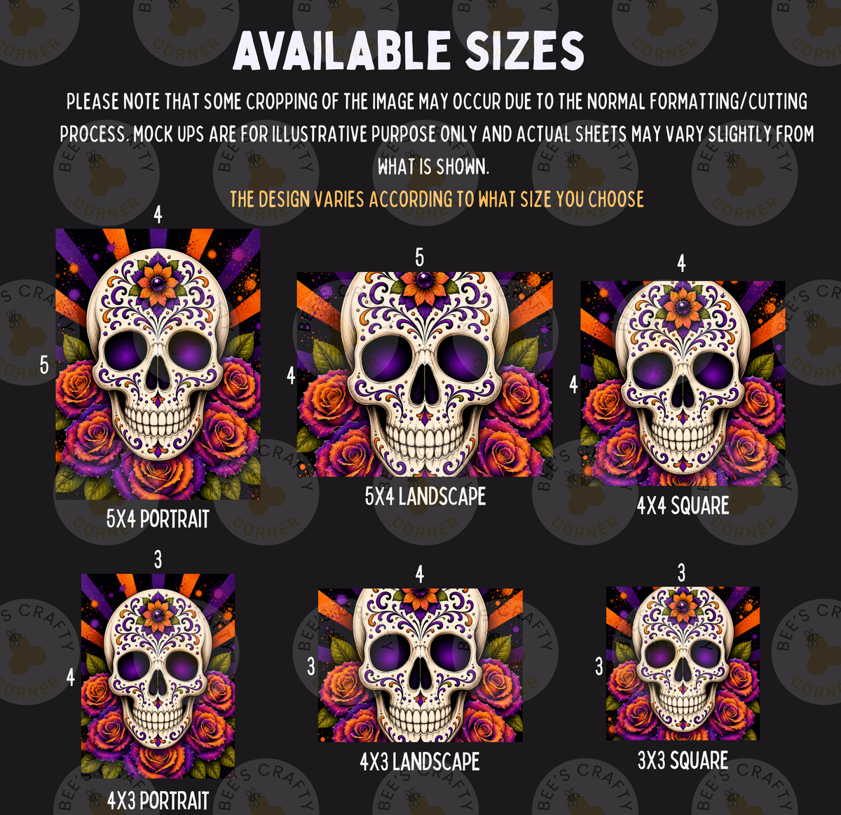 six different sizes of skull designs, each with a unique color scheme and floral pattern. The skulls are arranged in a grid format, with three rows and four columns. The sizes vary from 5x4 to 5x3, and the designs include a 5x4 portrait, a 5x4 landscape, a 4x3 square, and a 3x3 square. The image is a collage of these individual images, and the sizes are described in relation to the actual image, rather than using vague or redundant phrases.