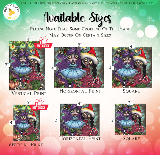 The image is a collage of six different sizes of the same illustration, featuring a character with purple hair and a blue dress. The sizes vary from 3" to 4" and include a vertical print, a horizontal print, a square, a horizontal print, and a vertical print. The image is described as a "pattern may vary slightly on each release sheet" and includes a note that some cropping of the image may occur on certain sizes.