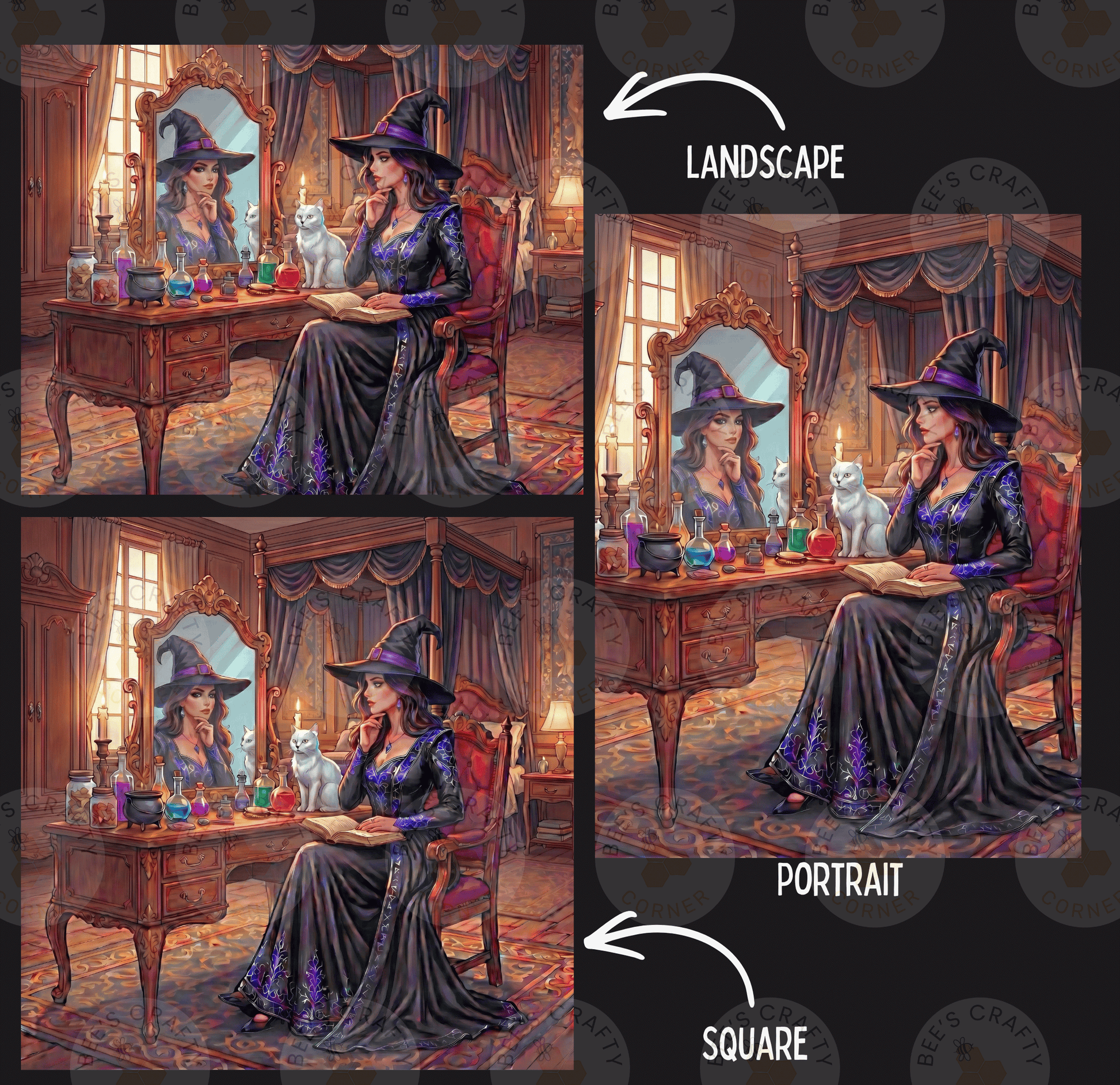 The image is a collage of three pictures depicting a woman in a witch's hat sitting at a desk with various objects, including a candle, a book, and a cat. The woman is wearing a long purple dress and a pointed hat. The collage includes a landscape and a portrait of the same scene, with the landscape showing the woman in a different setting and the portrait showing the woman in a different pose.