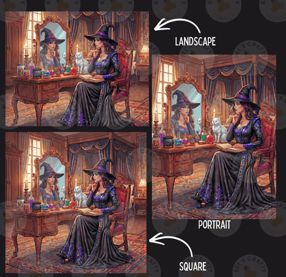 The image is a collage of three pictures depicting a woman in a witch's hat sitting at a desk with various objects, including a candle, a book, and a cat. The woman is wearing a long purple dress and a pointed hat. The collage includes a landscape and a portrait of the same scene, with the landscape showing the woman in a different setting and the portrait showing the woman in a different pose.