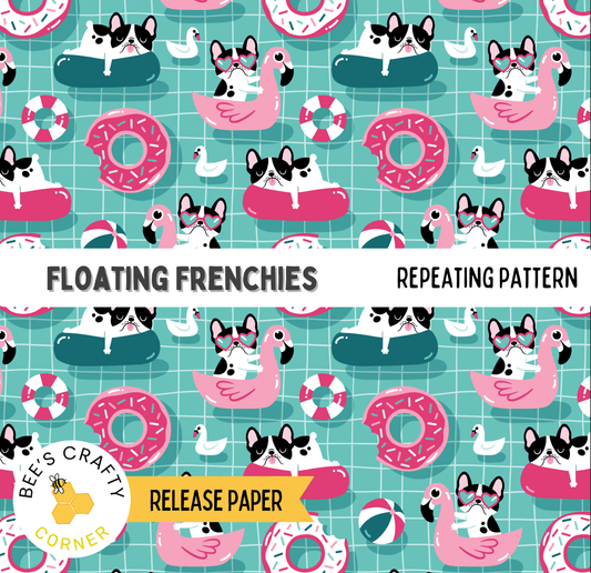 The image is a repeating pattern of various dog breeds, including pugs, bulldogs, and Frenchies, along with other objects such as donuts, flamingos, and life preservers, all set against a teal background.