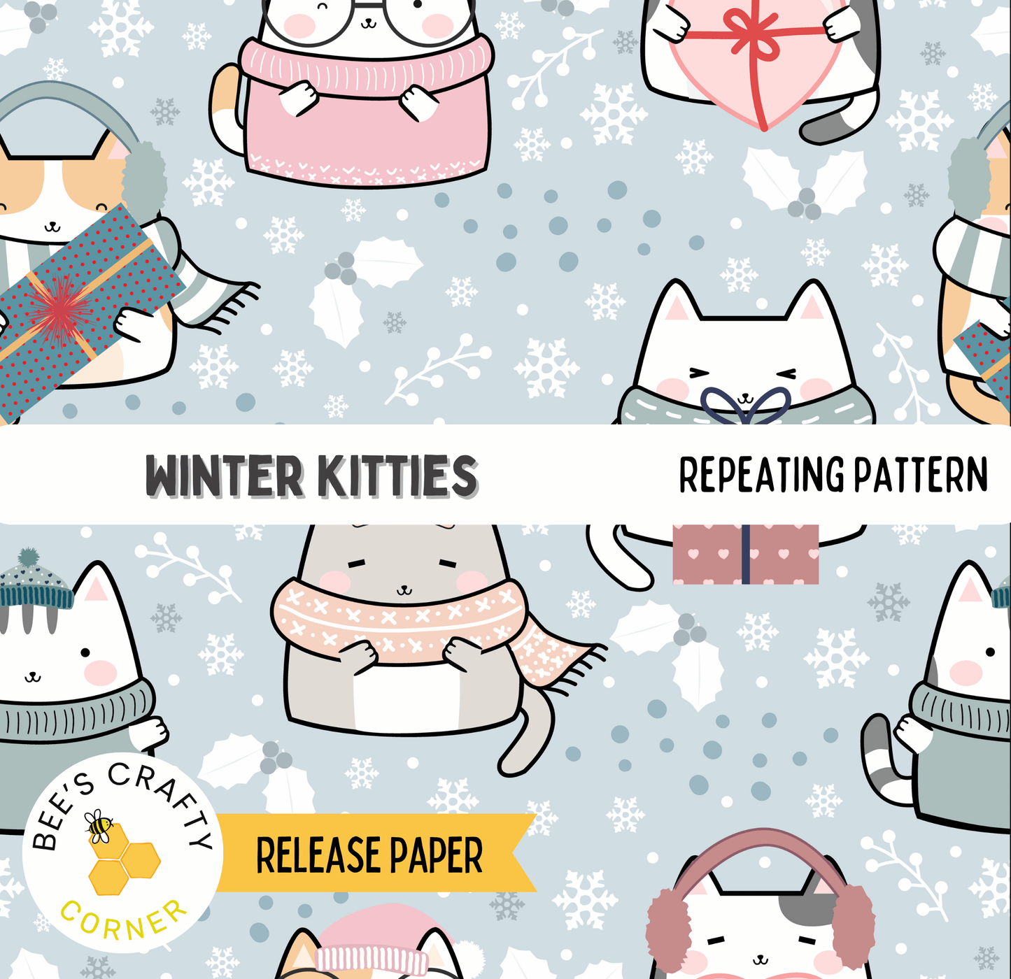 The image is a repeating pattern of cartoon cats wearing winter clothing and holding gifts, with the text "Winter Kitties" and "REPEATING PATTERN" visible.
