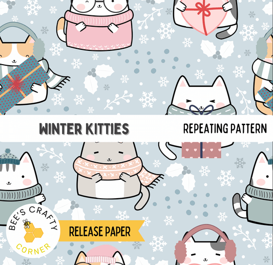 The image is a repeating pattern of cartoon cats wearing winter clothing and holding gifts, with the text "Winter Kitties" and "REPEATING PATTERN" visible.