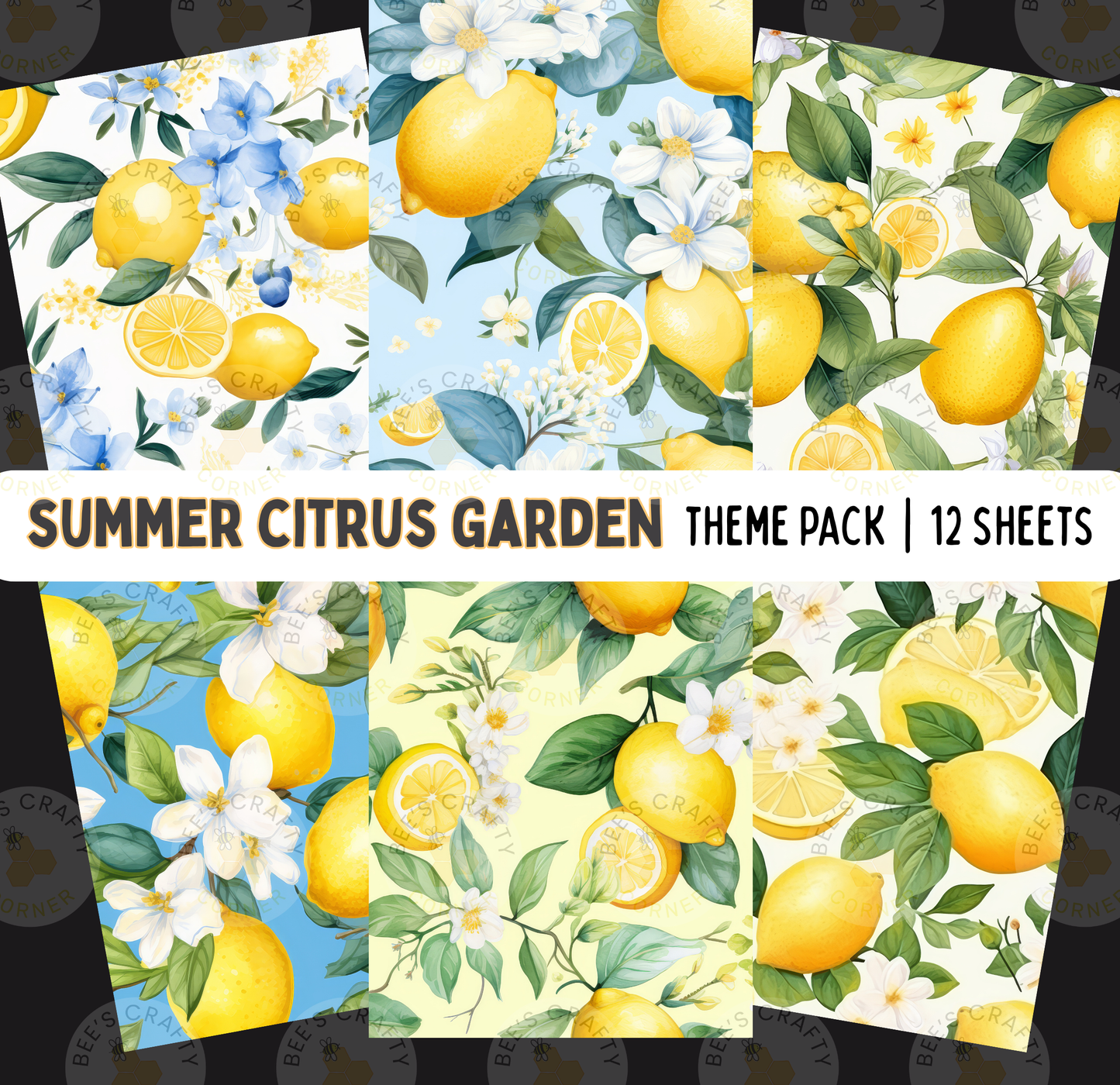 The image is a collage of six different patterns featuring lemons and flowers, including blue and white flowers, against a white background.