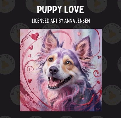 The image is a digital painting of a happy, smiling dog with long, flowing fur and a pink and purple background.