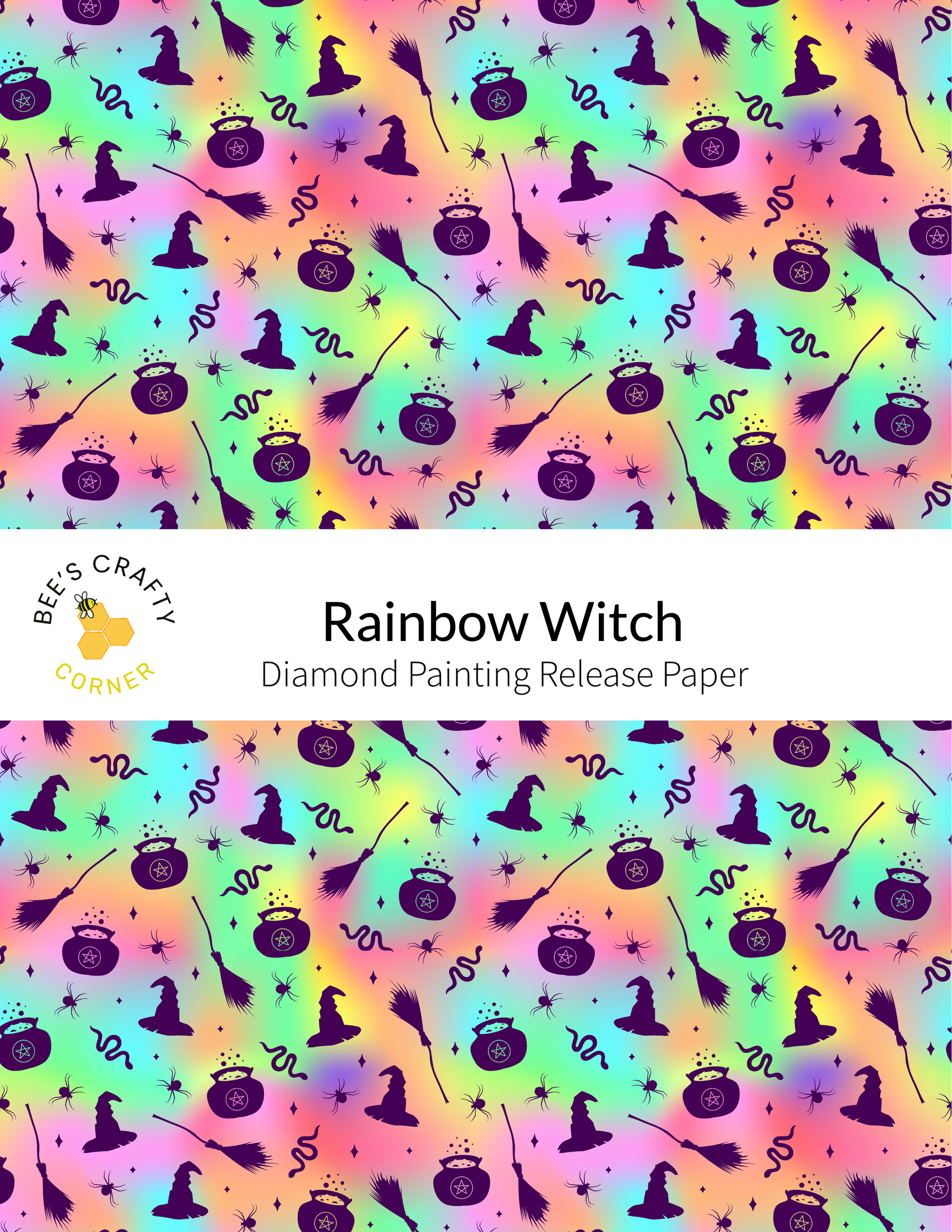 The image is a repeating pattern of various Halloween-themed objects, including bats, cauldrons, and broomsticks, arranged in a colorful and whimsical design.