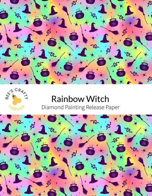 The image is a repeating pattern of various Halloween-themed objects, including bats, cauldrons, and broomsticks, arranged in a colorful and whimsical design.