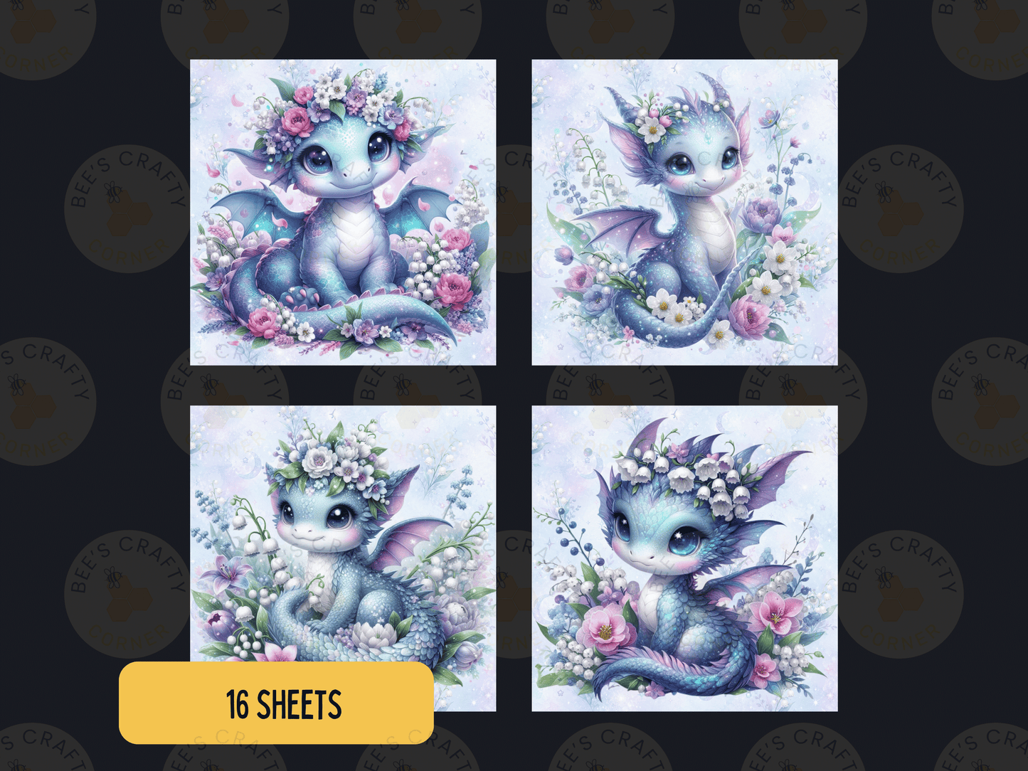 four square illustrations of blue dragons adorned with flowers, each with a unique floral arrangement.