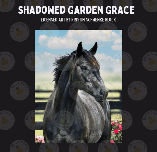 The image is a painting of a black horse standing in a field with a blue sky and white clouds in the background.