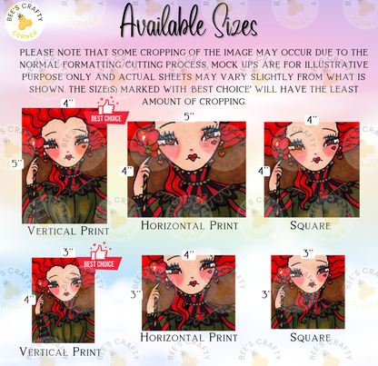 The image is a collage of six different sizes of illustrations of a woman with red hair and a red and black outfit. The illustrations are labeled with their respective sizes, including "4", "5", "4", "4", "4", and "3".