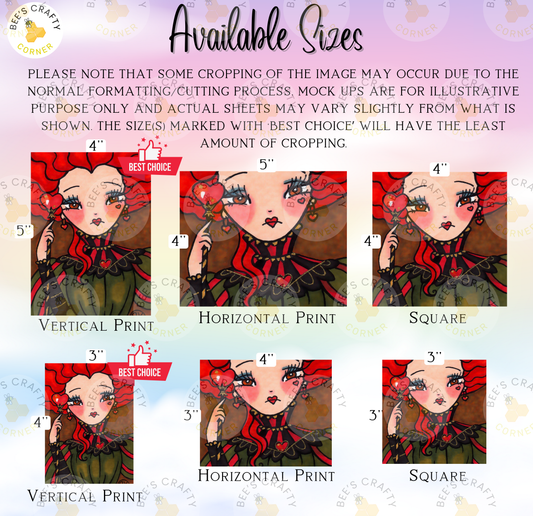 The image is a collage of six different sizes of illustrations of a woman with red hair and a red and black outfit. The illustrations are labeled with their respective sizes, including "4", "5", "4", "4", "4", and "3".