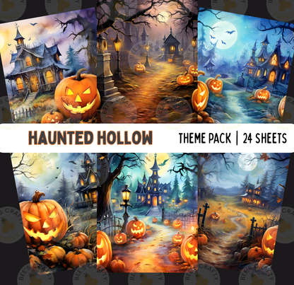 The image is a collage of 24 Halloween-themed pictures depicting spooky and eerie scenes, including jack-o'-lanterns, cobblestone streets, and old mansions.