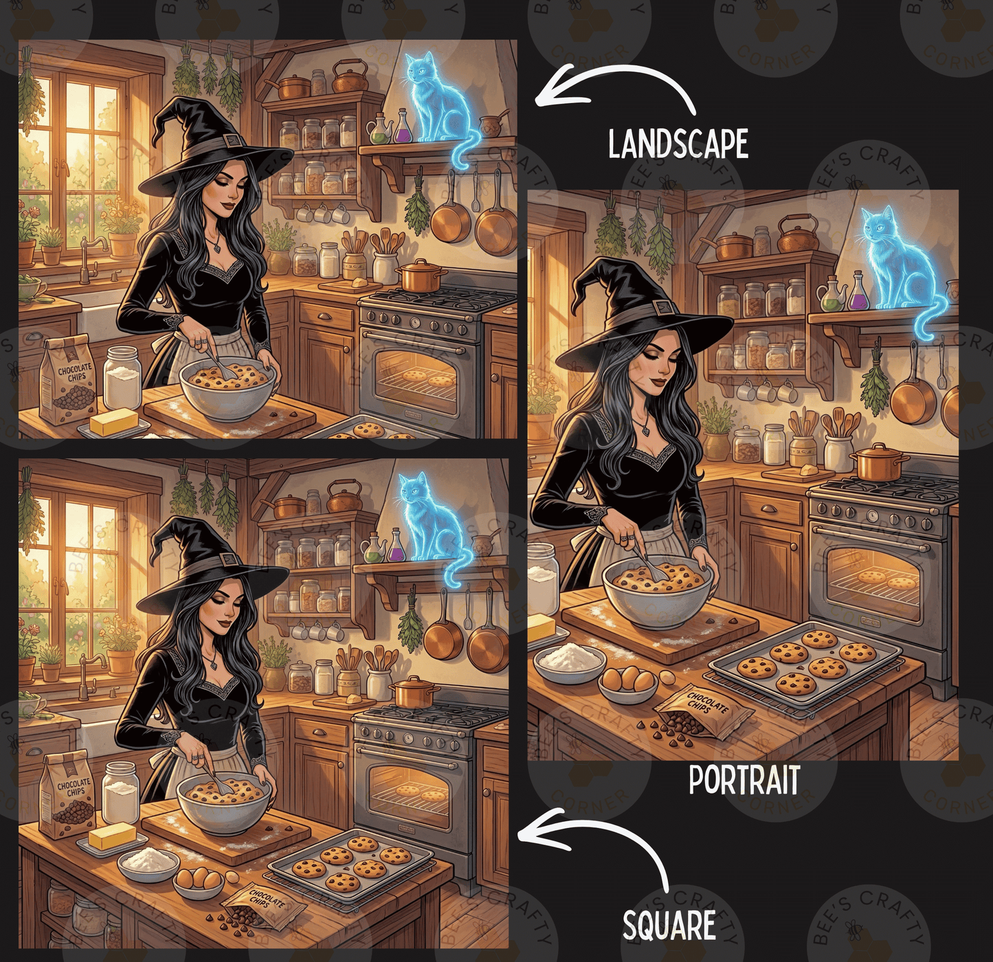 The image is a collage of three images depicting a woman in a witch's hat cooking in a kitchen, with a cat visible in the background.