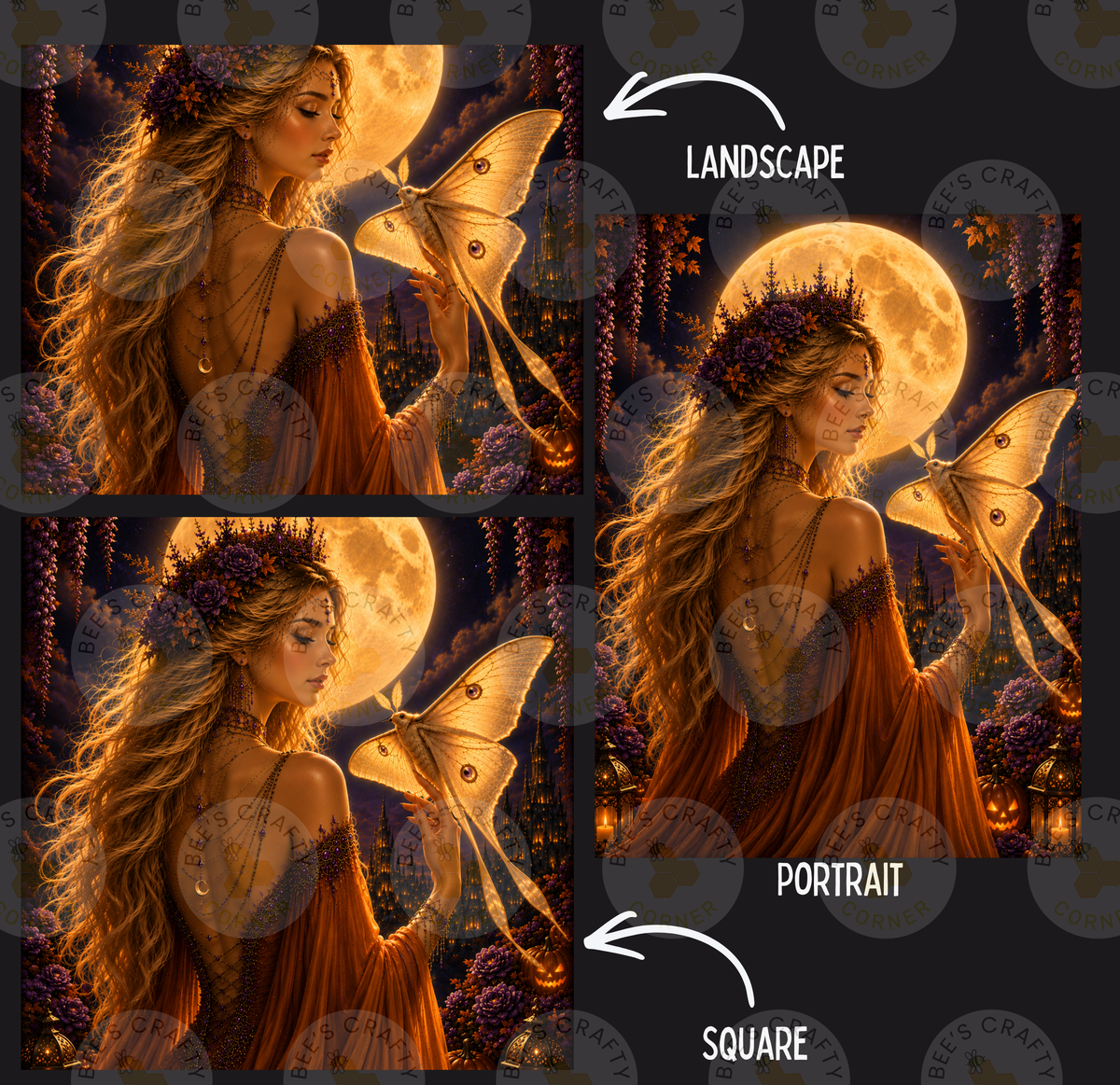 The image is a collage of three images depicting a woman with long, flowing hair and a crown, holding a butterfly and standing in front of a large, full moon. The images are labeled as "LANDscape" and "Portrait" and are described as "Landscape" and "Portrait" respectively.