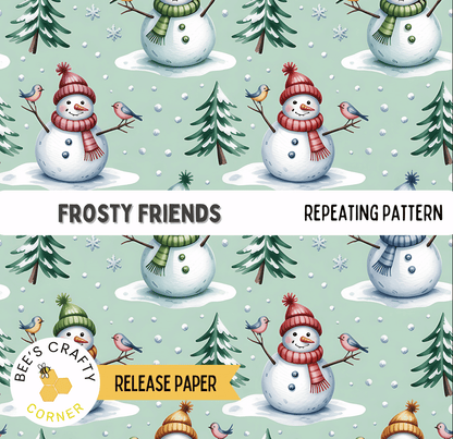 The image is a repeating pattern of snowmen and birds against a snowy background.