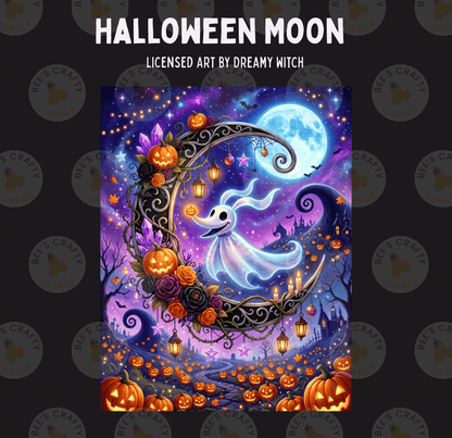 The image is a Halloween-themed illustration featuring a crescent moon, jack-o-lanterns, a ghost, and a castle. The overall color scheme is dark and spooky, with a mix of purple, orange, and black tones.
