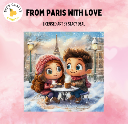 The image is a painting depicting a young couple sitting at a table in Paris, enjoying a cup of coffee together. The couple is surrounded by a snowy cityscape, with the Eiffel Tower visible in the background.