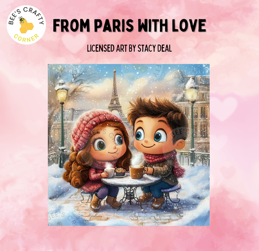 The image is a painting depicting a young couple sitting at a table in Paris, enjoying a cup of coffee together. The couple is surrounded by a snowy cityscape, with the Eiffel Tower visible in the background.
