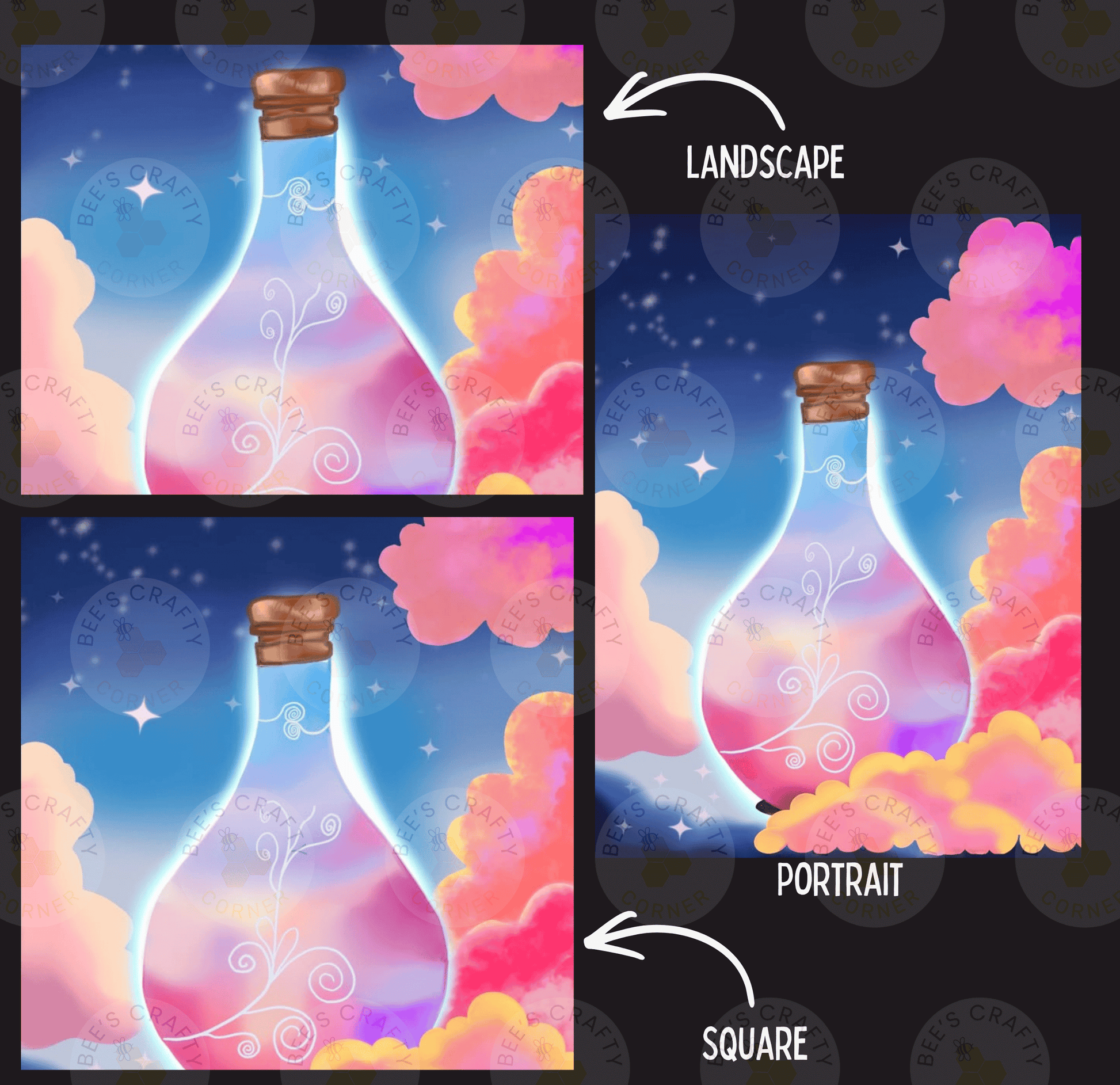 The image is a collage of three pictures depicting a bottle with a cork, surrounded by clouds and stars. The first image shows the bottle against a night sky background, the second image shows the bottle in a landscape setting, and the third image shows the bottle in a portrait setting.
