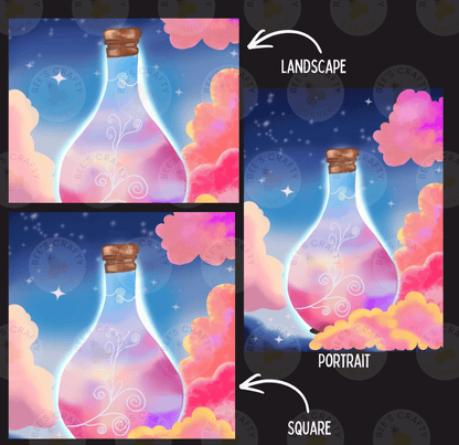 The image is a collage of three pictures depicting a bottle with a cork, surrounded by clouds and stars. The first image shows the bottle against a night sky background, the second image shows the bottle in a landscape setting, and the third image shows the bottle in a portrait setting.