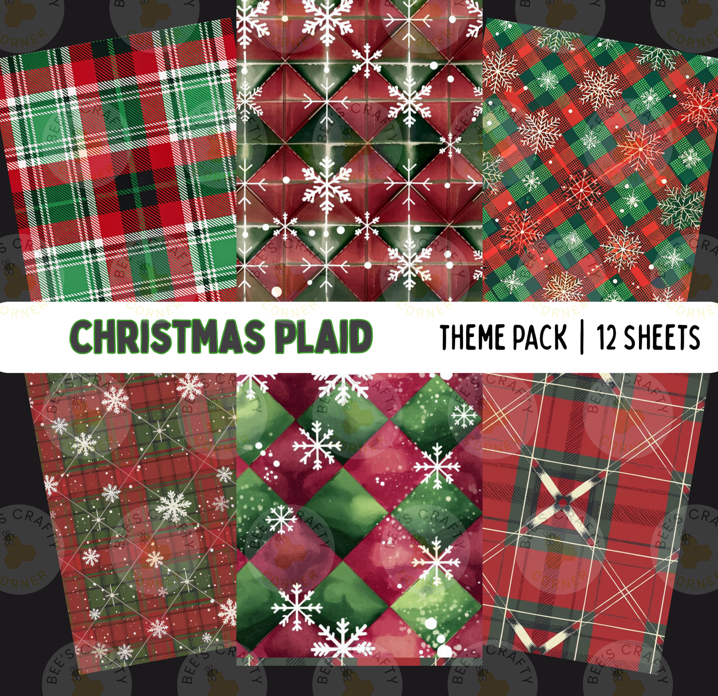 a collection of Christmas plaid and snowflake patterns, including various designs and color schemes. The text "Christmas Plaid" is prominently displayed, indicating the theme of the patterns. The image also includes a text overlay that reads "THEME PACK | 12 SHEETS", suggesting that this theme is available for purchase or use in a collection.