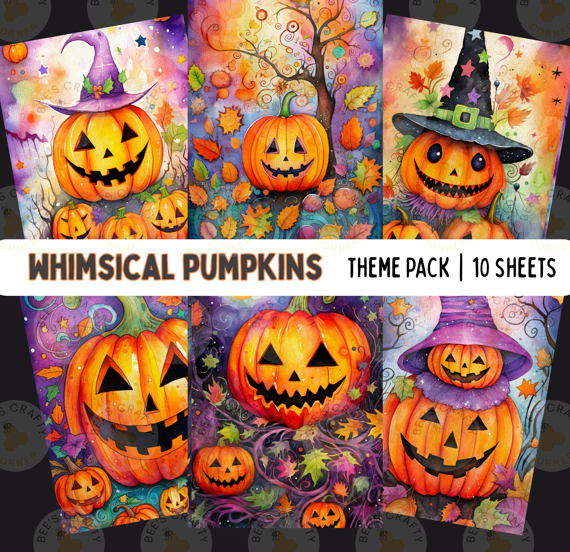 The image is a theme pack of whimsical pumpkins, featuring various jack-o-lanterns with different expressions and designs.