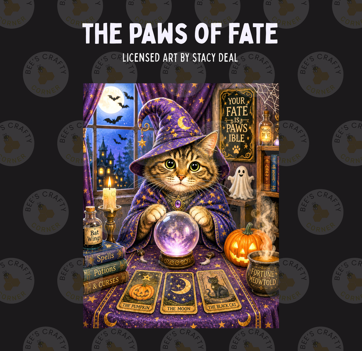 a cat dressed as a wizard, sitting at a table with a crystal ball, tarot cards, and a pumpkin, surrounded by Halloween-themed decorations and objects.