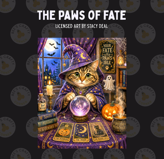 a cat dressed as a wizard, sitting at a table with a crystal ball, tarot cards, and a pumpkin, surrounded by Halloween-themed decorations and objects.