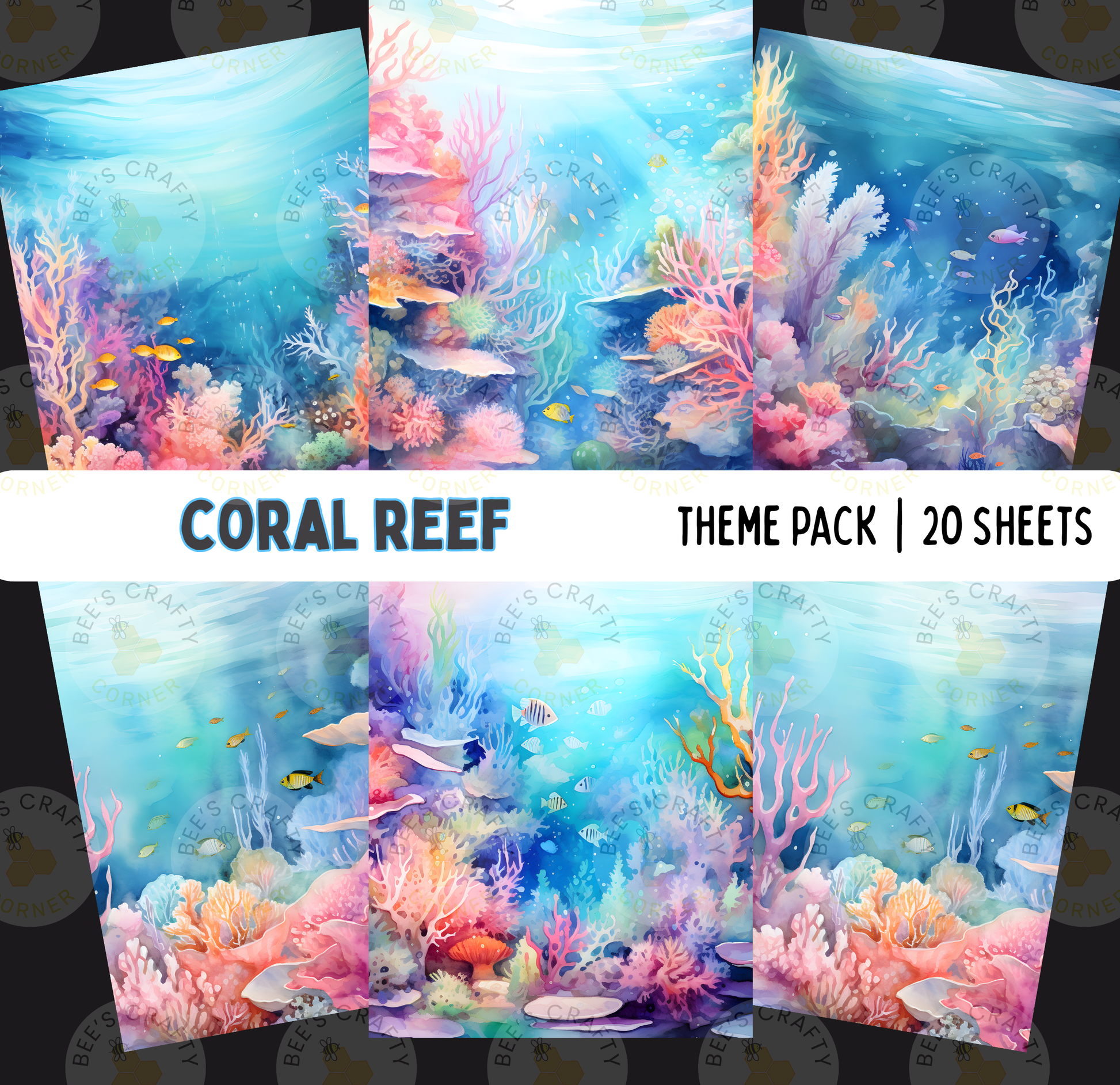 The image is a collage of six vibrant underwater scenes depicting a coral reef, showcasing the colorful and diverse marine life within.