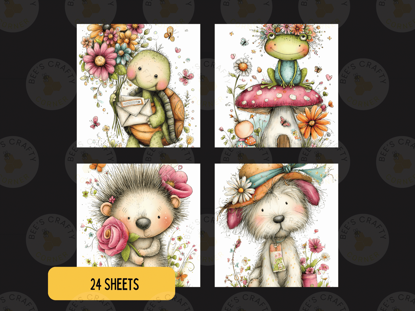four colorful illustrations of animals, including a turtle, a frog, a hedgehog, and a dog, each with unique floral and decorative elements.