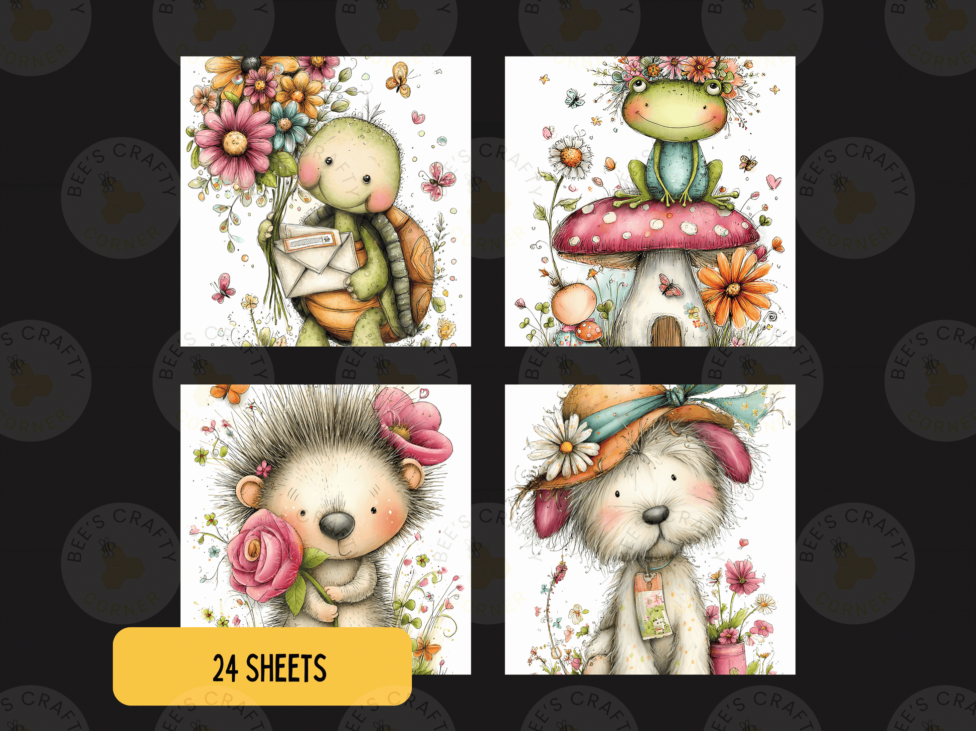four colorful illustrations of animals, including a turtle, a frog, a hedgehog, and a dog, each with unique floral and decorative elements.