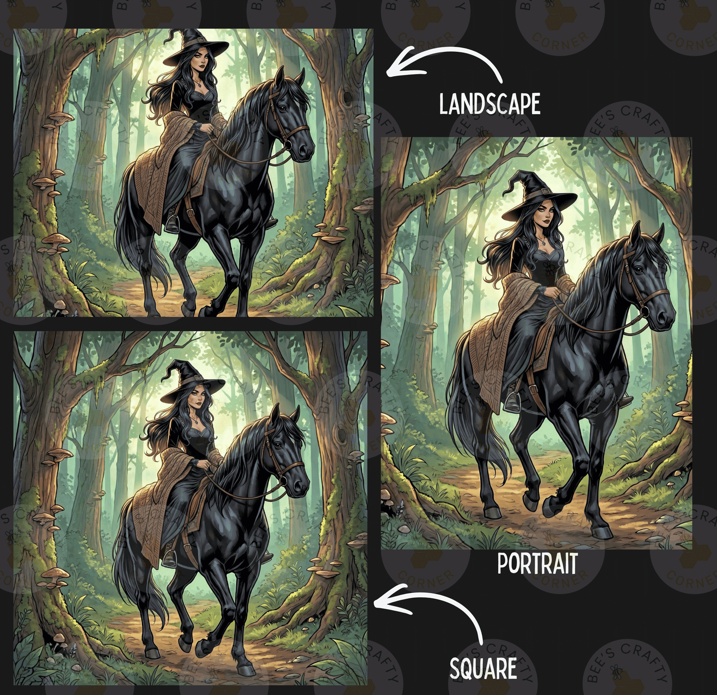 The image is a collage of three images depicting a woman riding a black horse in a forest setting. The first image shows the woman on the horse, the second image shows the woman on the horse in a landscape, and the third image shows the woman on the horse in a portrait.