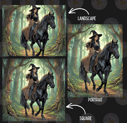 The image is a collage of three images depicting a woman riding a black horse in a forest setting. The first image shows the woman on the horse, the second image shows the woman on the horse in a landscape, and the third image shows the woman on the horse in a portrait.