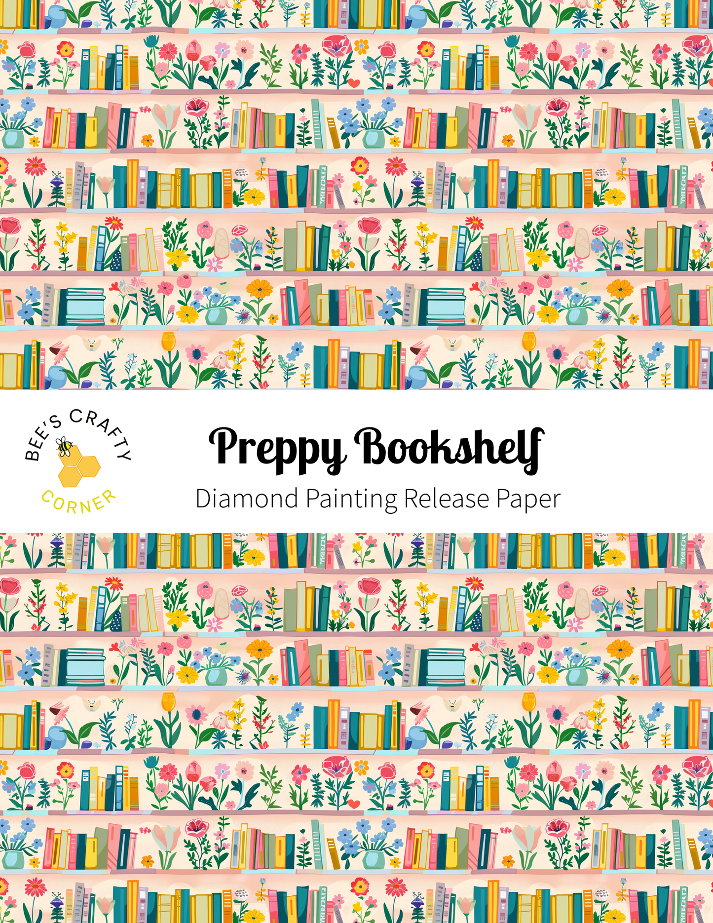 The image is a repeating pattern of colorful bookshelves filled with various books and flowers, creating a vibrant and whimsical visual effect.