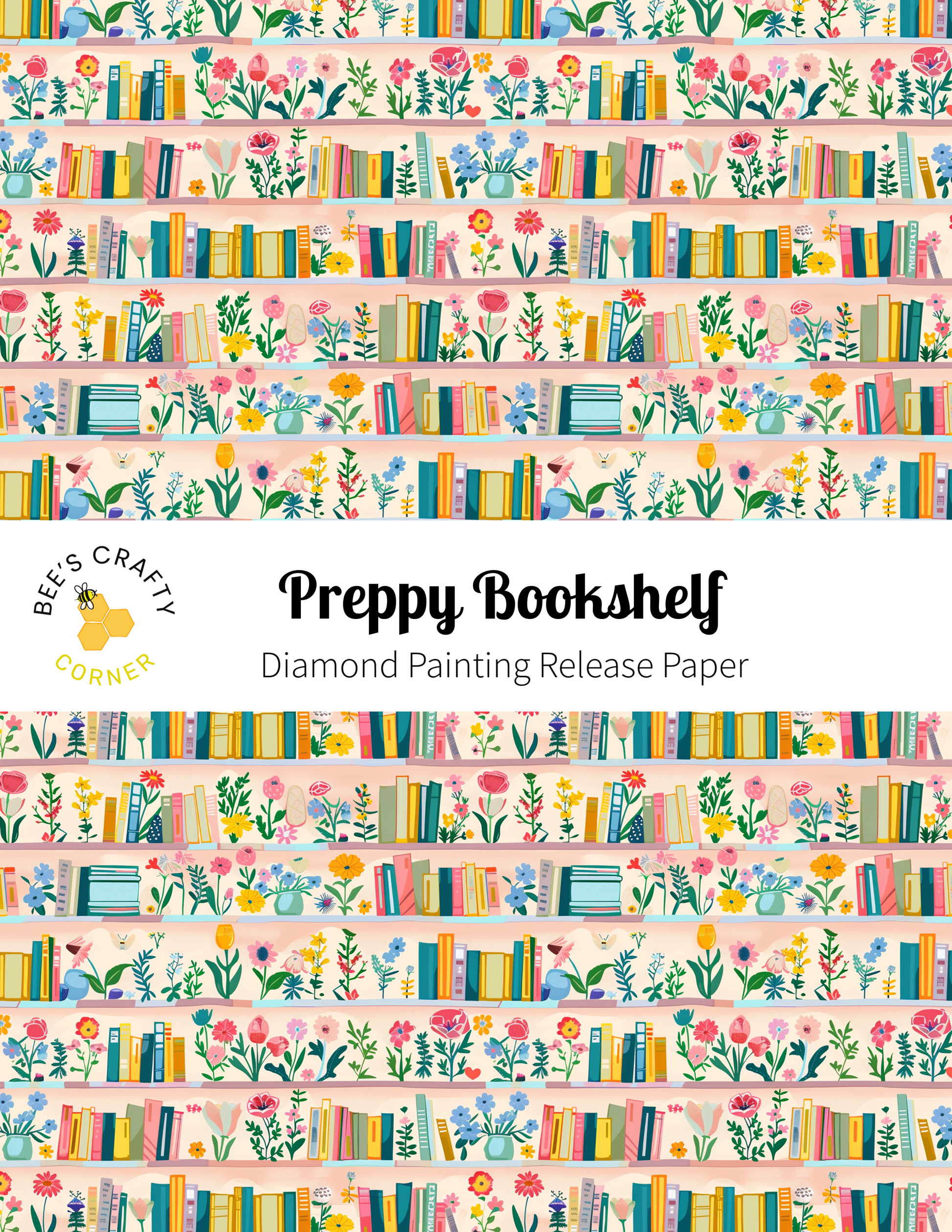 The image is a repeating pattern of colorful bookshelves filled with various books and flowers, creating a vibrant and whimsical visual effect.