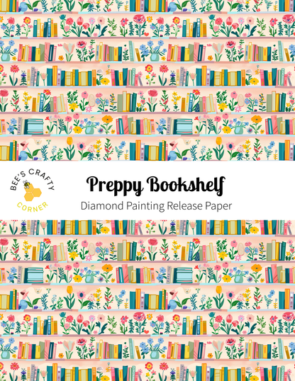 The image is a repeating pattern of colorful bookshelves filled with various books and flowers, creating a vibrant and whimsical visual effect.