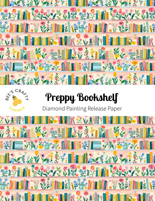 The image is a repeating pattern of colorful bookshelves filled with various books and flowers, creating a vibrant and whimsical visual effect.