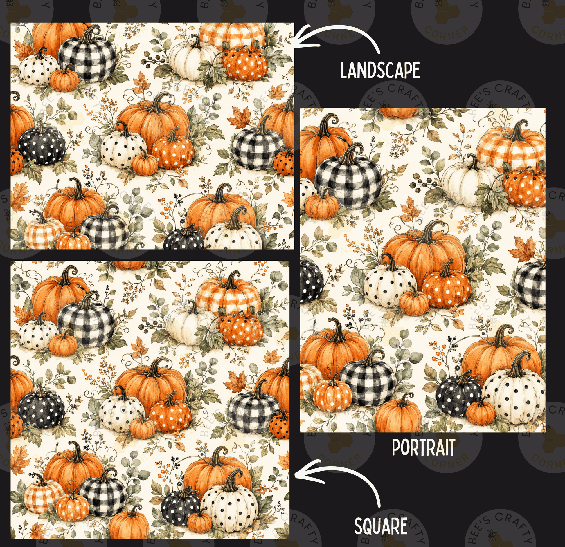 a collage of three pictures, each depicting a different arrangement of pumpkins. The first picture shows a landscape with a variety of pumpkins in a pattern. The second picture is a portrait of the same arrangement of pumpkins. The third picture is a square image of the same arrangement of pumpkins.