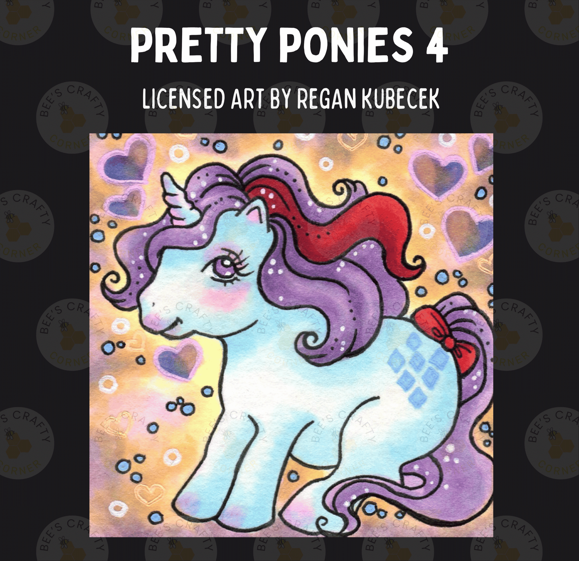 The image is a vibrant illustration of a pink and purple unicorn with a red bow on its head, surrounded by hearts and bubbles.