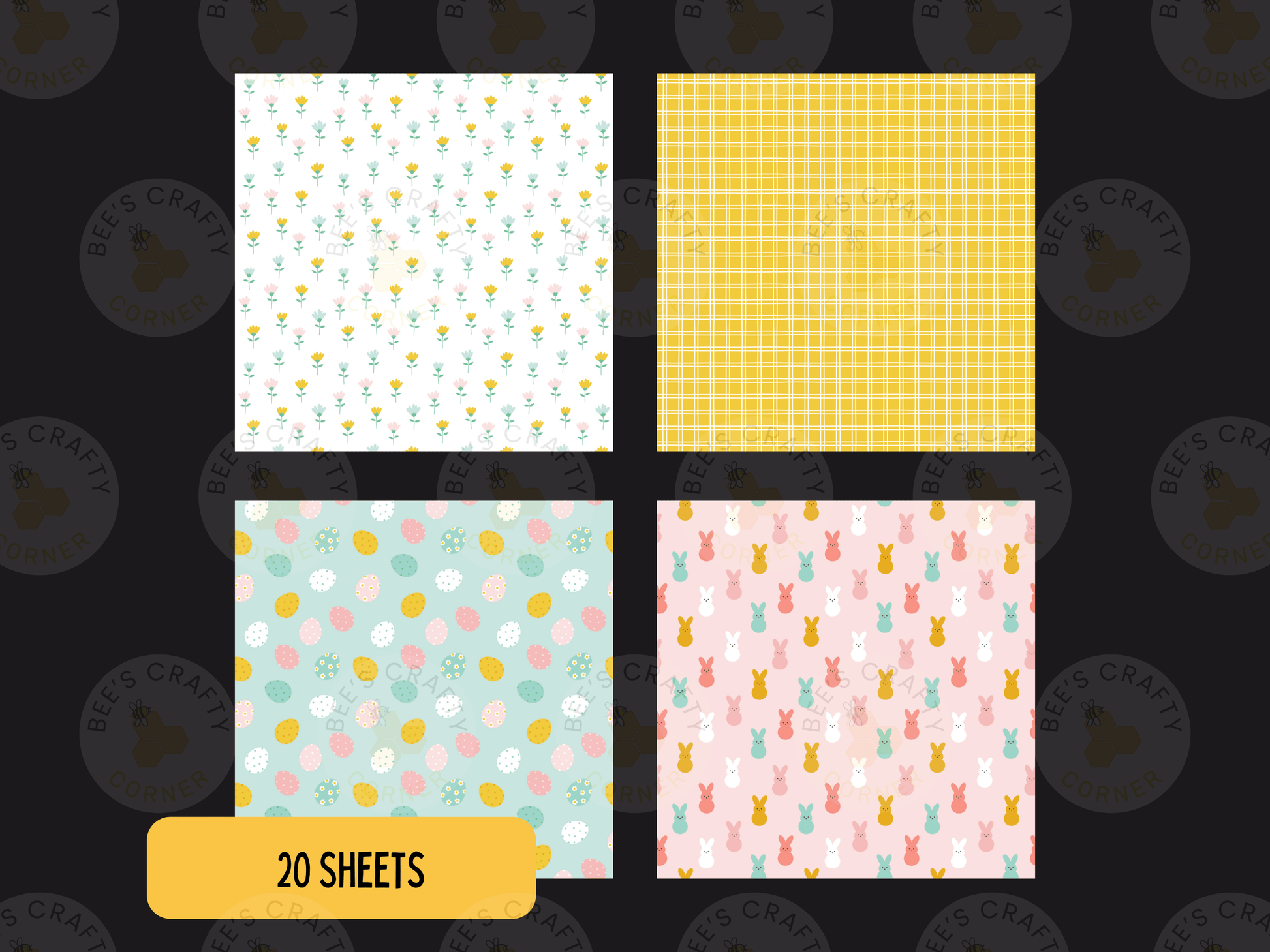 four square patterns, each with a different design and color scheme, arranged in a grid format.